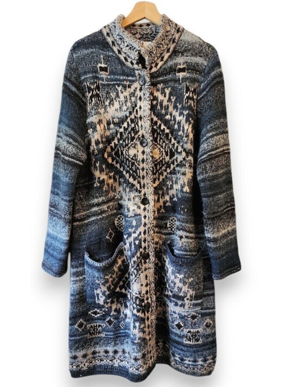 J Jill Blue Aztec Boho Duster Long Cardigan Sweater Coat Buttons Pockets Wool Lg
